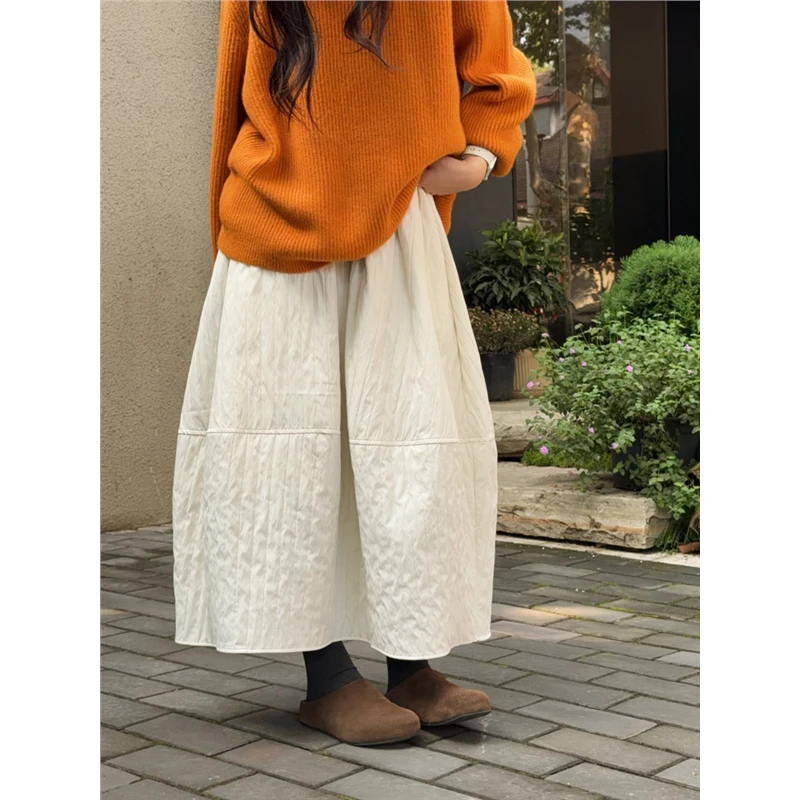 复古肌理感褶皱夹棉花苞裙半身裙女秋冬韩版松紧腰宽松a字灯笼裙