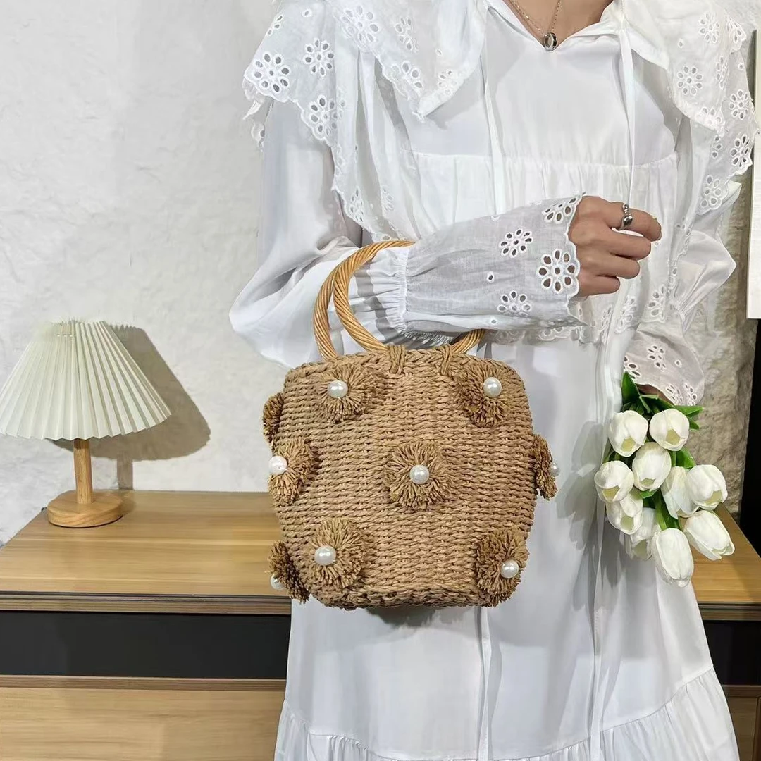 店长推荐新款圆筒手拎草编包日韩水桶手工编织包包海边度假休闲包