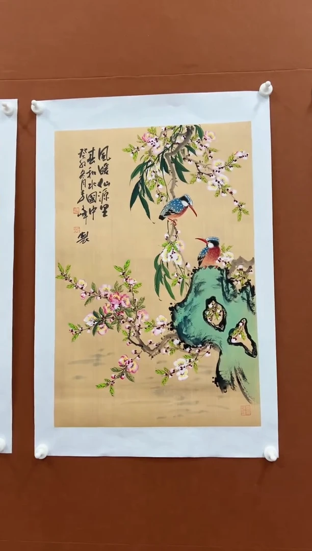 国画李文峰四尺三开仿古花鸟