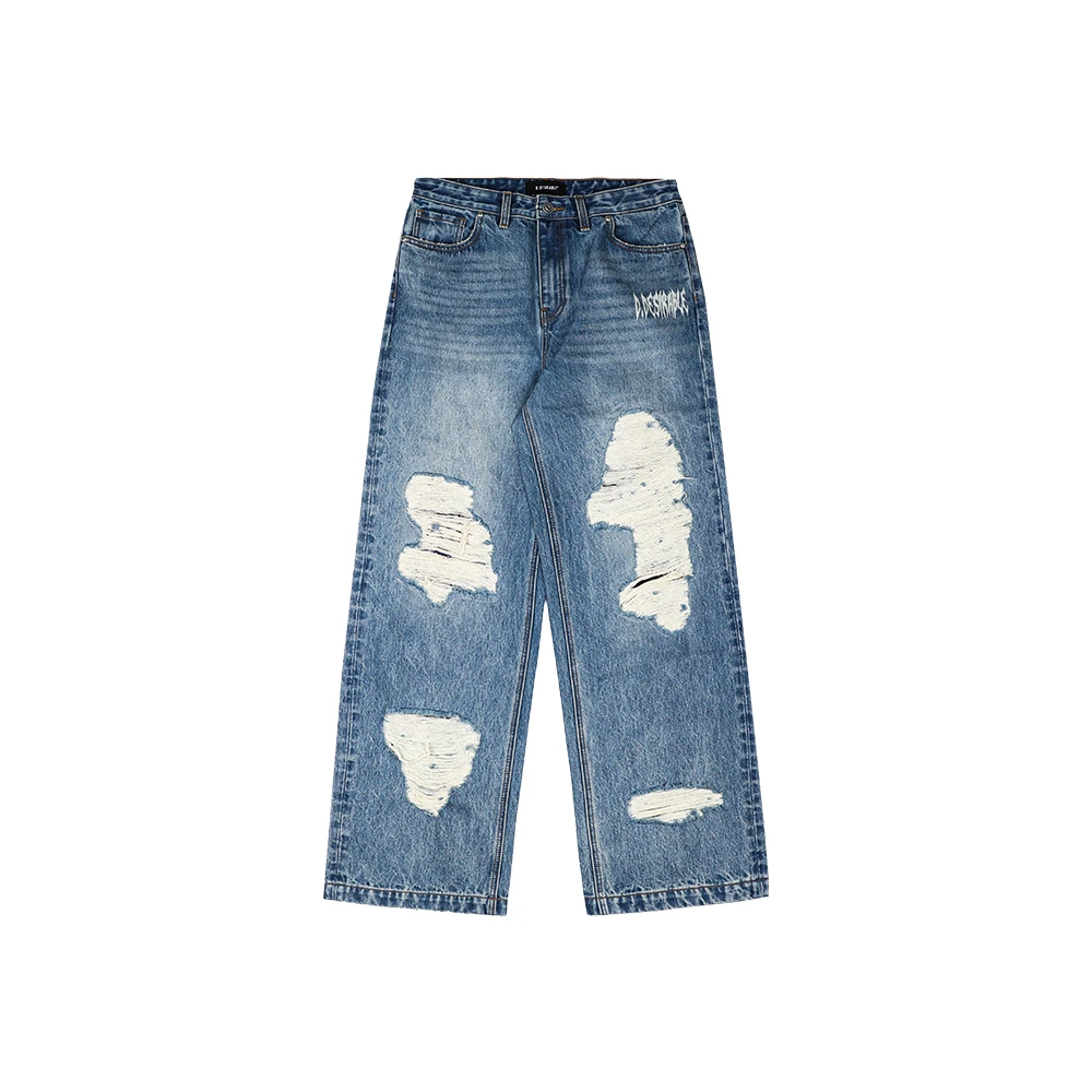 D.Desirable WCLA-不规则格纹拼接破洞牛仔裤