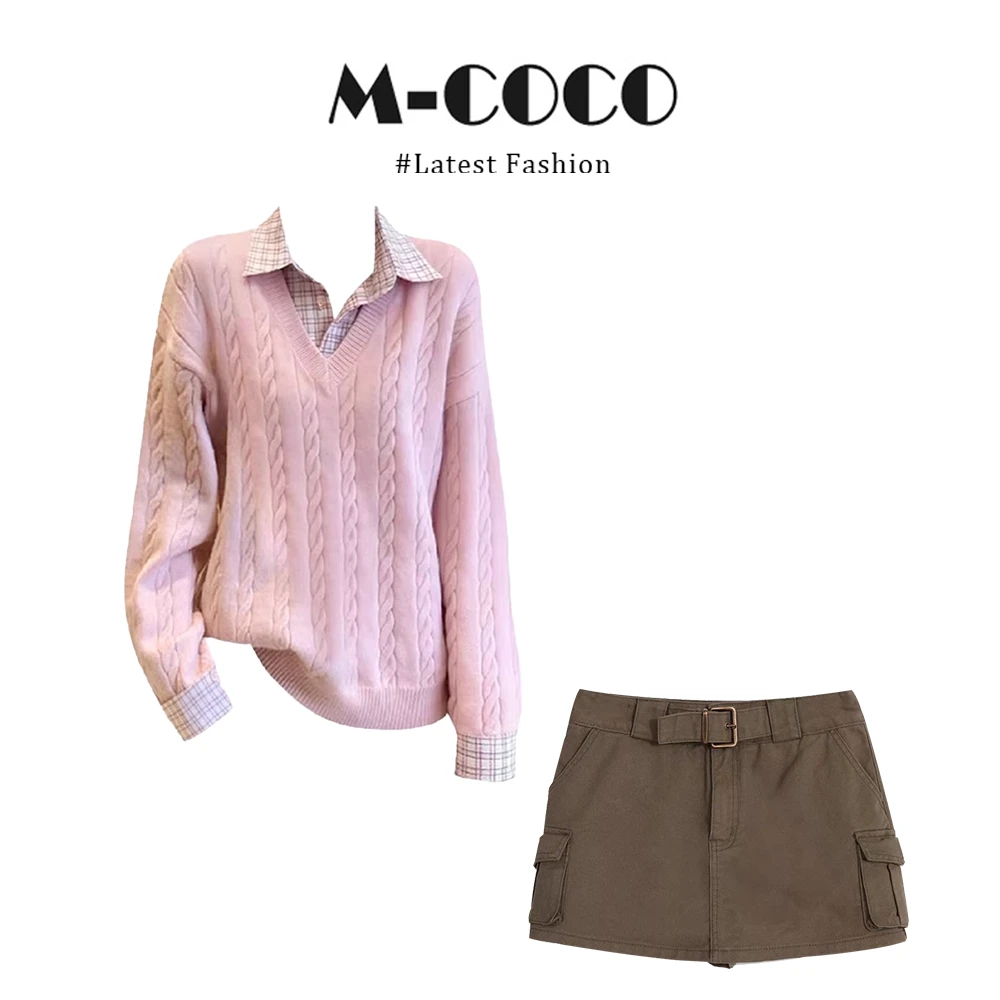 INSCEC韩系甜美风麻花粉色衬衫拼接针织衫咖色短裤冬季套装秋冬