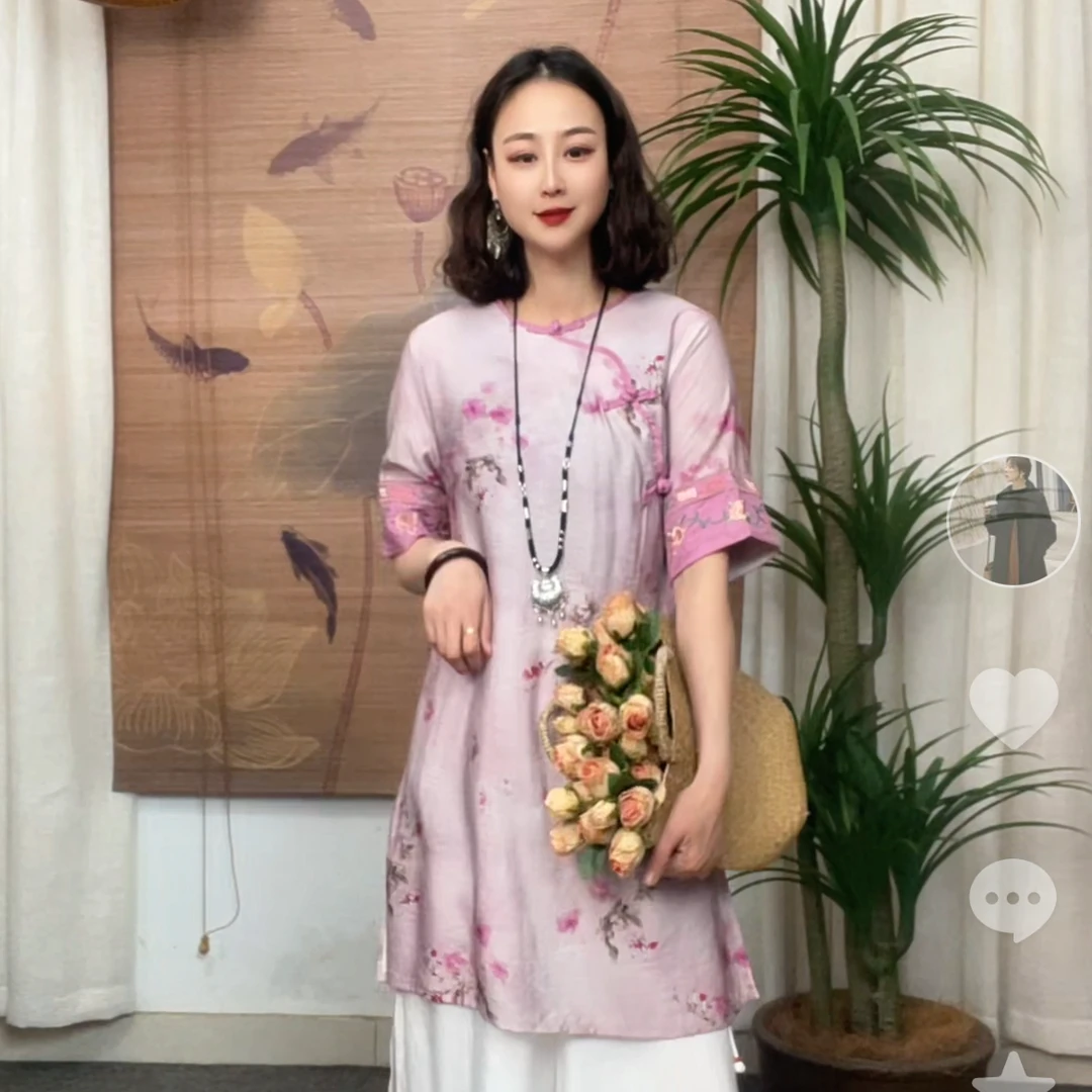 071-5新品中长版宽袖刺绣显瘦拼接新中式百搭气质网红国风小衫