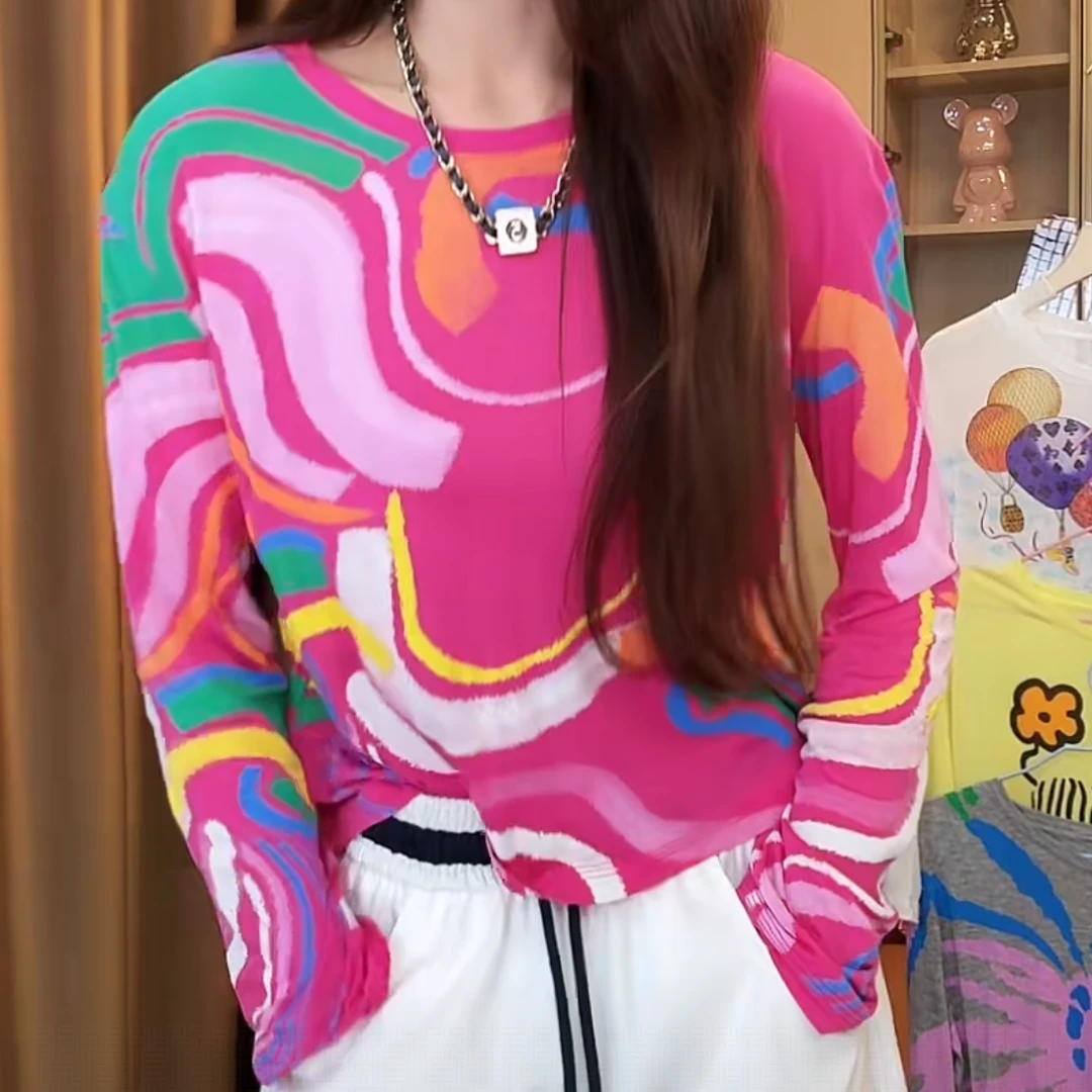 设计师时尚重工百搭长袖T恤女2025夏季新款撞色宽松显瘦防晒上衣