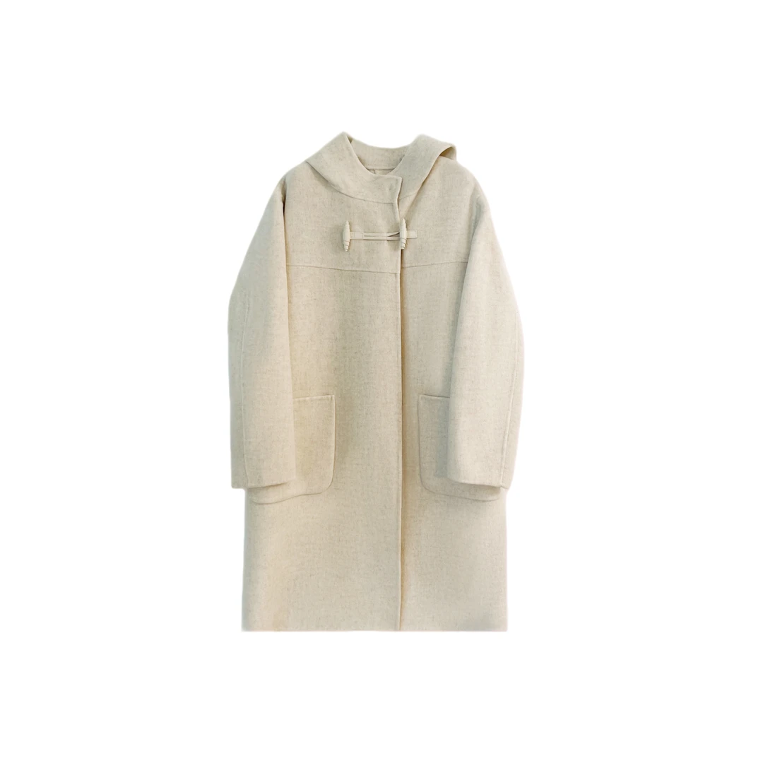 【LNHJ】留兰冰咖 秋冬时尚百搭连帽牛角扣羊绒大衣