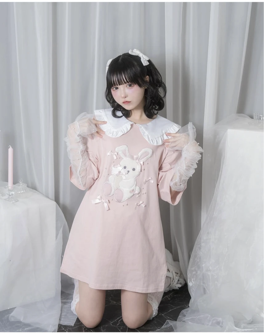 剪标拆标超可爱甜美olT恤小兔子短袖钉珠毛绒绒娃娃领上衣中长款