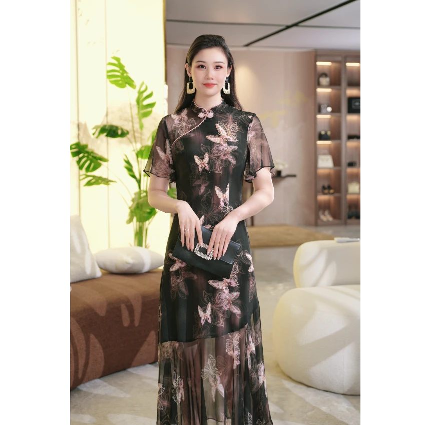 100%桑蚕丝2025夏季新中式复古贵气女人味显瘦连衣裙显年轻5956