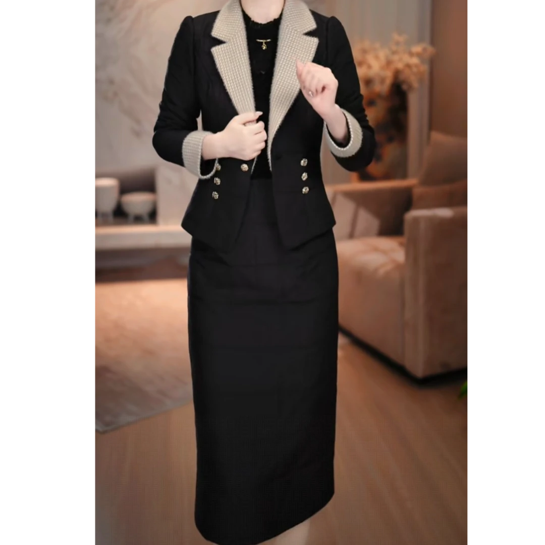 左曼外套+连衣裙2025秋冬加棉新款优雅时尚显瘦减龄加厚套两件套