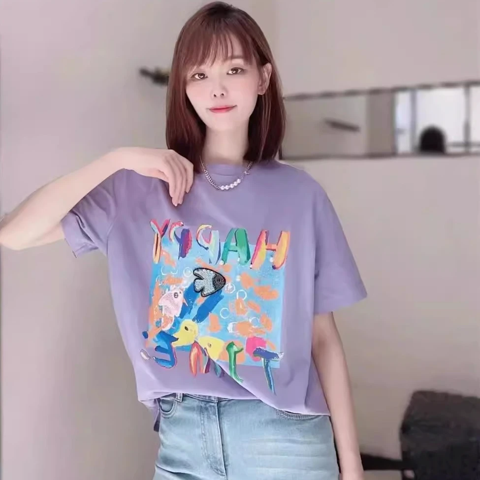 【专柜品质】夏季百搭新款亮片钉珠印花短袖t恤女纯棉1300901