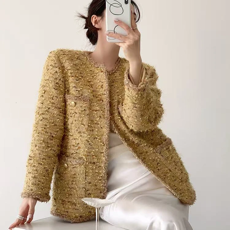 大码名媛春秋胖mm 高个子铂金香香 重工花纱法式小香风外套花朵女