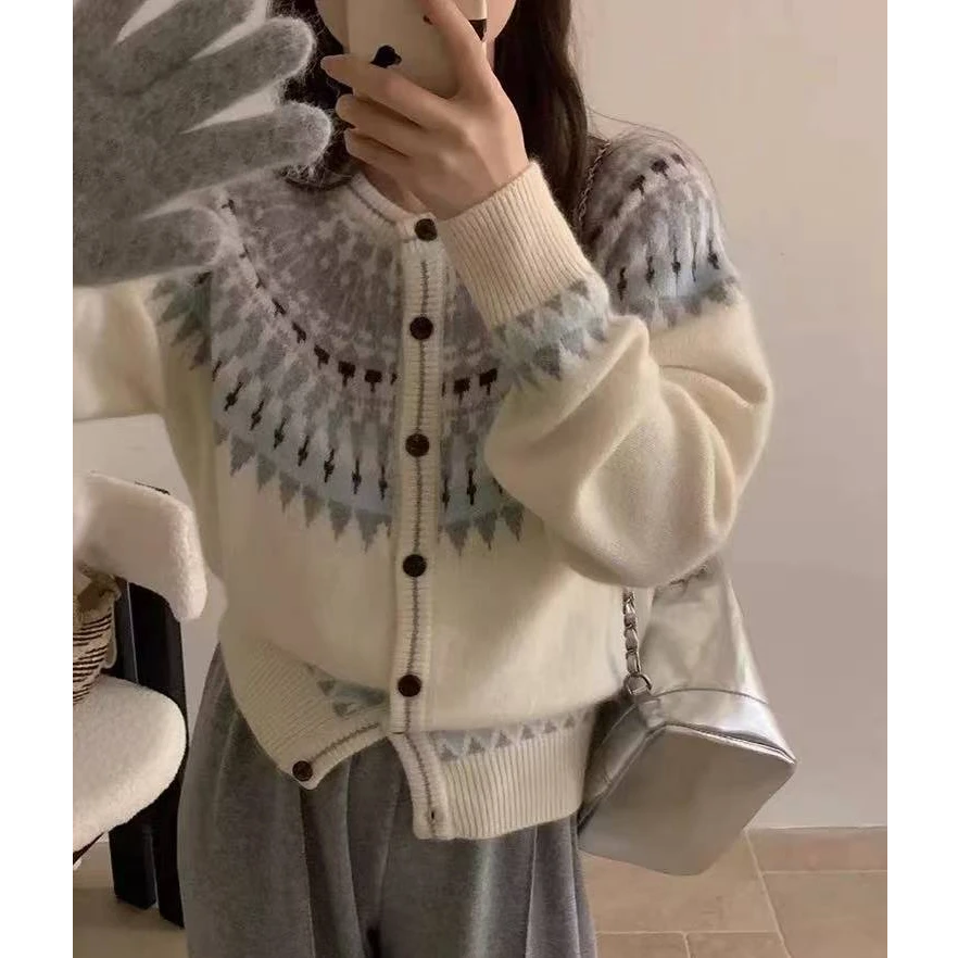 【复古费尔岛】春季新款费尔岛波浪撞色提花单排扣针织开衫上衣