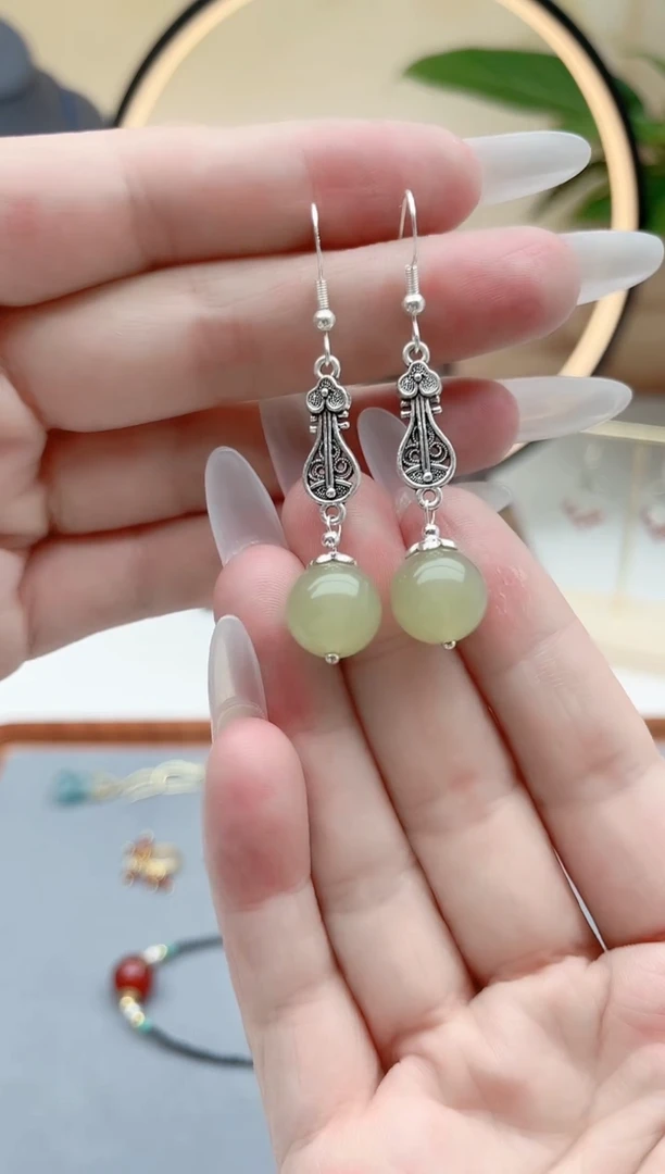 东陵石银S925镶嵌耳饰6233