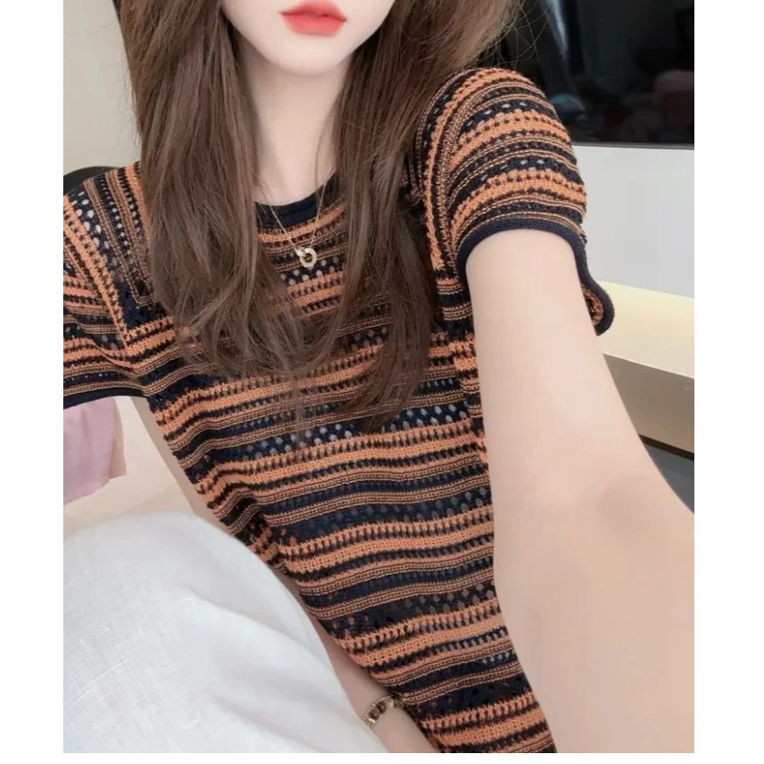 洋气设计感镂空拼色上衣凉感短袖针织衫T恤女夏季休闲减龄上衣