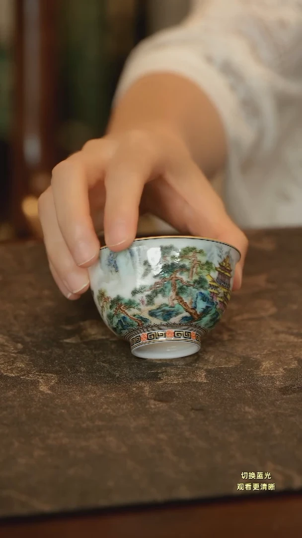 记*手绘粉彩蓬莱仙境岩茶杯