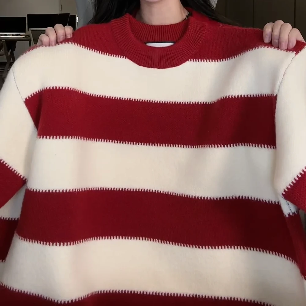D冬季时尚慵懒风加厚条纹红色圣诞新年毛衣宽松套头气质针织上衣