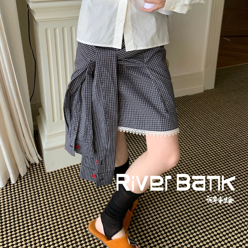 河岸家设计师YANAG格子衬衫袖假两件蕾丝迷你半身裙女25秋