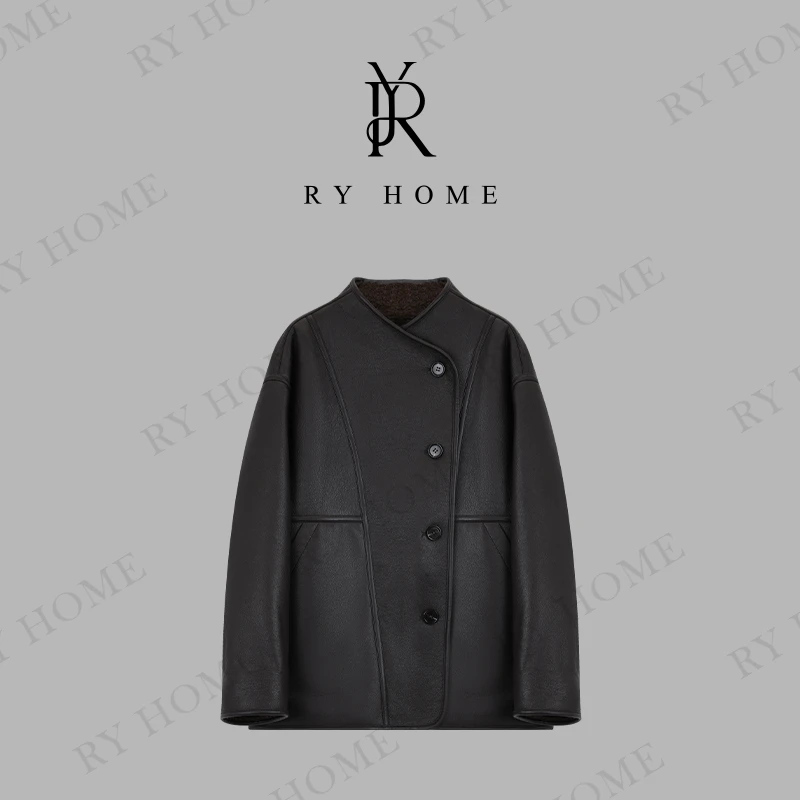 【容雨RYHOME】100绵羊毛~斜领复古机车两面穿绒面外套243W2002