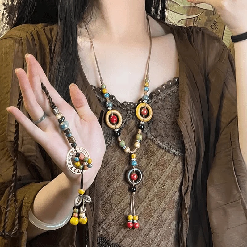 铜合金陶瓷项链 复古波西米亚风陶瓷项链女新中式长款毛衣链配饰