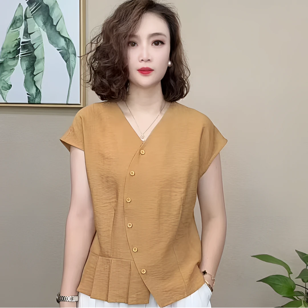 2025新款时尚洋气百搭减龄显瘦气质V领短袖T恤女上衣#05505