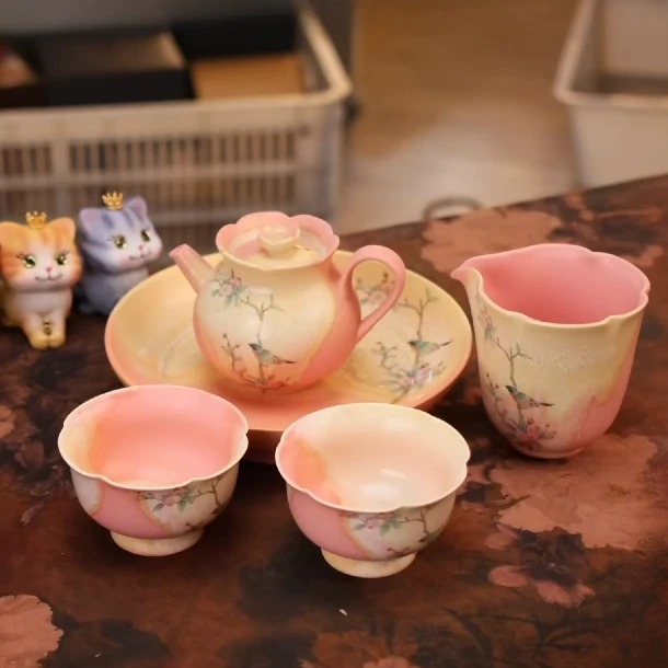 苏打烧桃红喜鹊花口执壶小套装 A12498