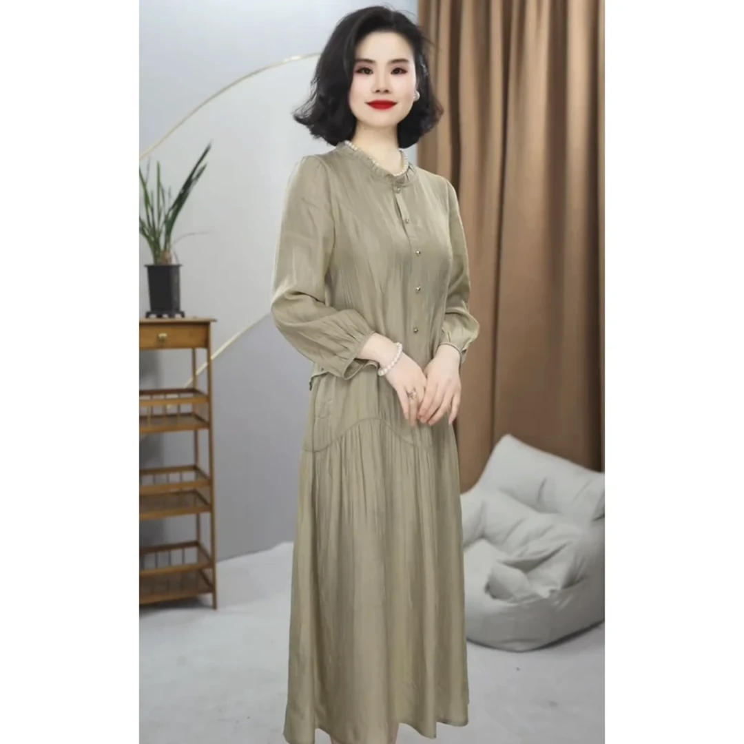 【连衣裙】2025夏季新款气质花边圆领单排扣假两件中长款连衣裙