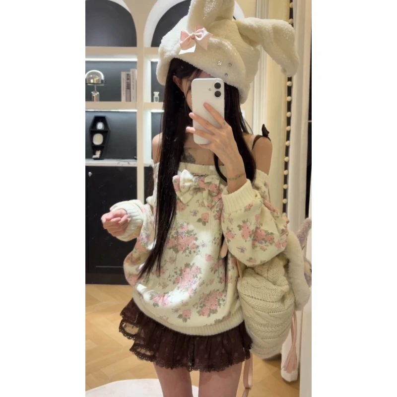 MARIE.COCO秋冬巨好看减龄唯美蝴蝶结碎花针织衫毛衣高级感半身裙