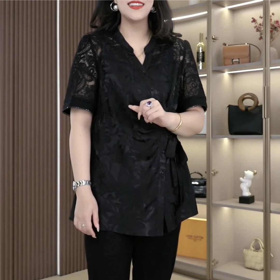 苏兰诺夏季新款大码女装洋气气质简约刺绣显瘦遮肉收腰衬衫ZB7501