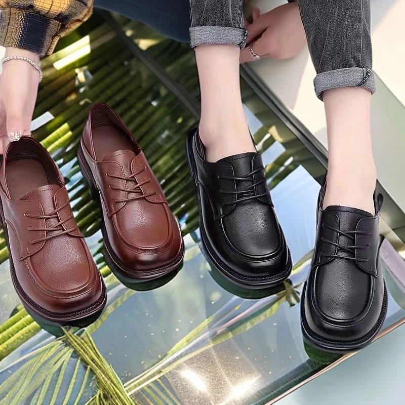 平跟春秋季舒适头层牛皮皮鞋圆头软底