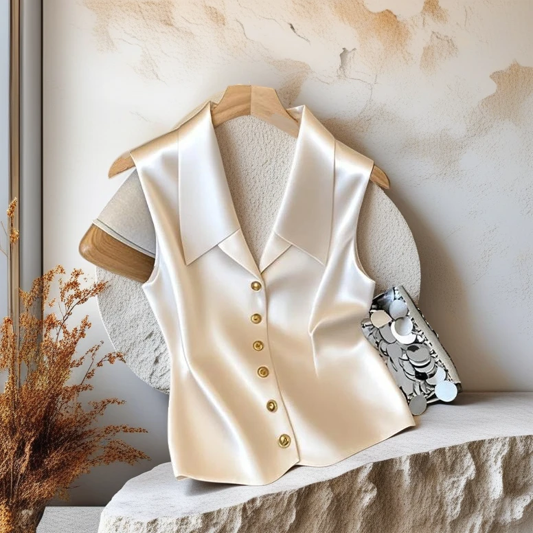 夏季女款法式风格v领无袖高级感独特绝美缎面马甲背心如精致小衫