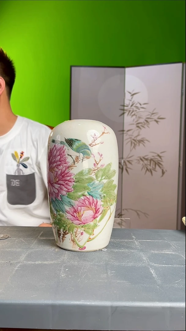 茶器瓷**白浅绛花鸟罐子