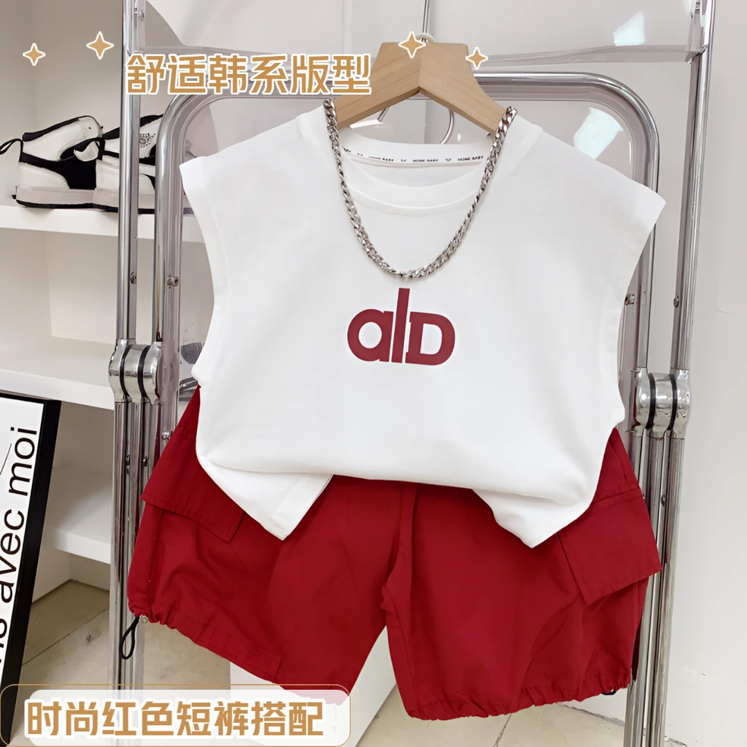 儿童韩版夏款背心套装男童韩系帅气无袖背心工装短裤潮童休闲套装