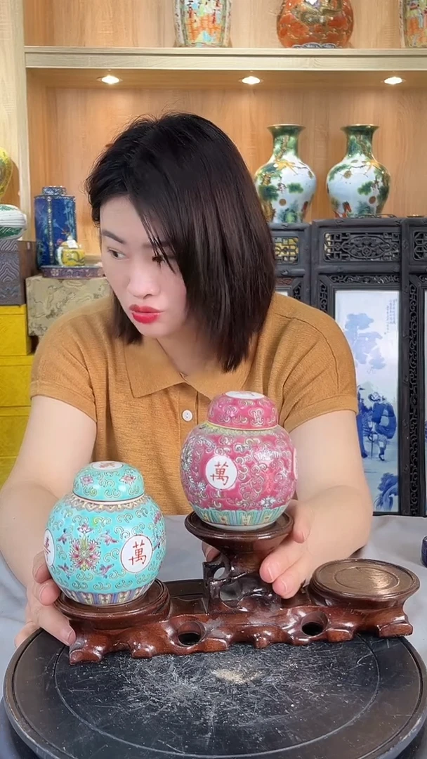 摆件景德镇陶瓷珐琅彩万寿无疆茶叶罐一对