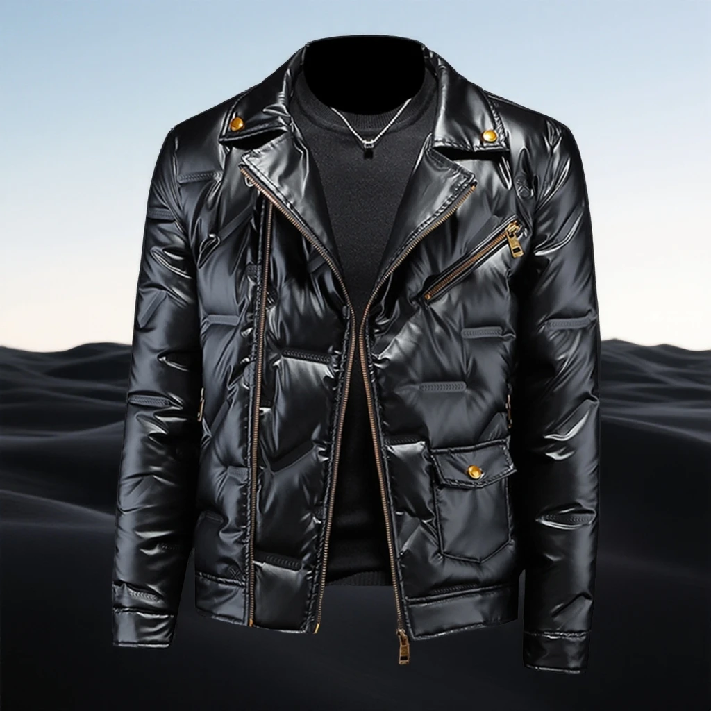 巴赛娜缇亮面西装领羽绒服男士冬季拉链修身白鸭绒休闲大码外套潮