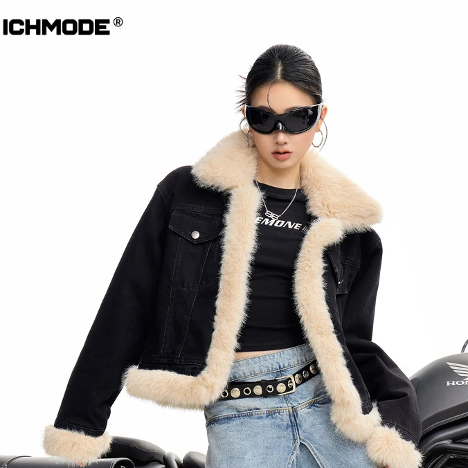 ICHMODE美式毛绒牛仔短外套女夹克上衣短款时尚女士辣妹加绒加厚