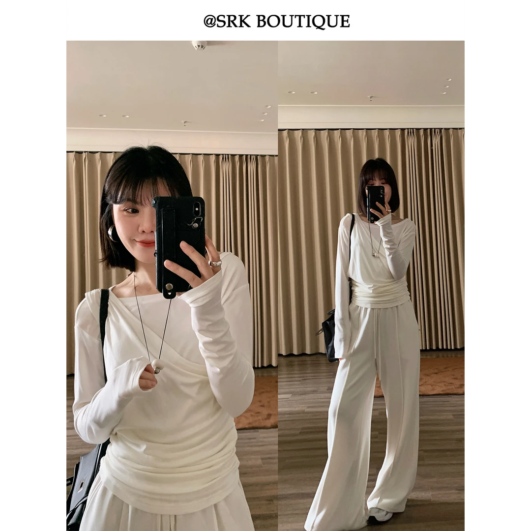 法式休闲假两件T恤修身简约落肩不规则百搭长袖上衣女S2QR5130