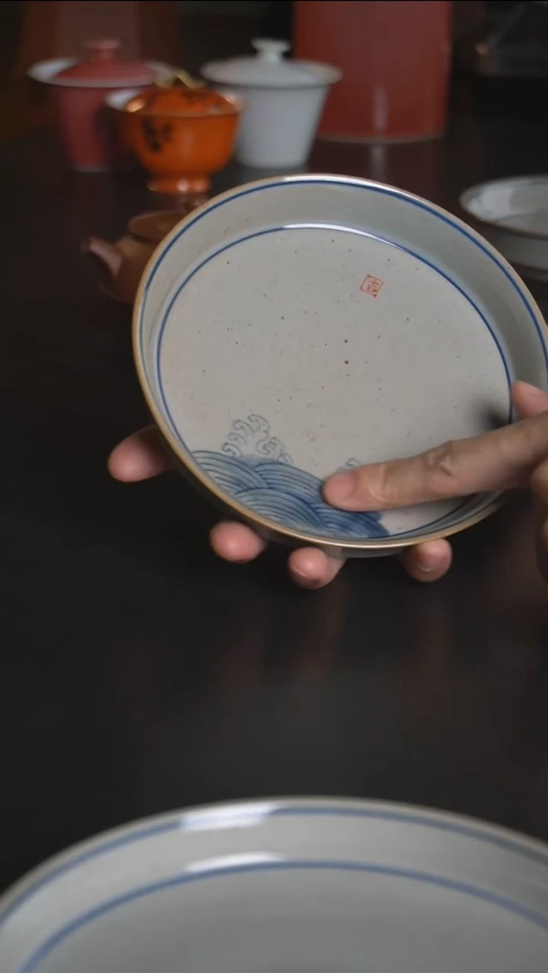 素直陶艺手绘海水纹壶承
