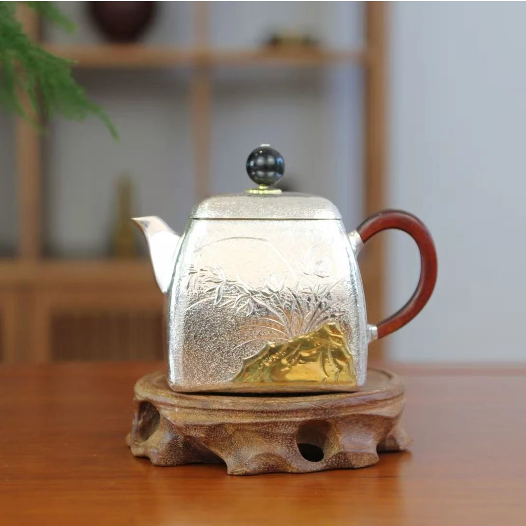 锤痕银楼手工足银四方泡茶壶