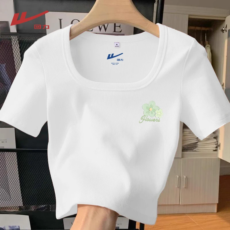 Warrior/回力透气辣妹风短款常规白色T恤欧若智性风方领短袖休闲t