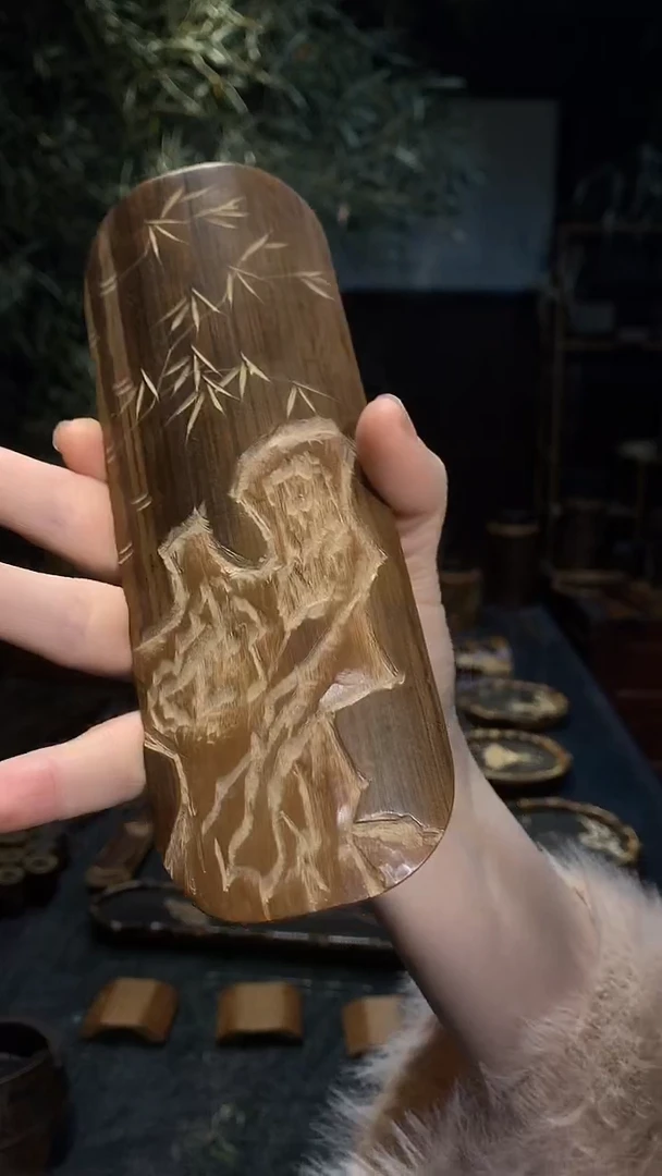 精雕石竹椭圆茶则........