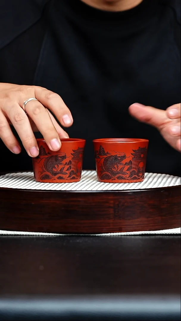 茶杯紫砂宜兴原矿紫砂主人杯 鲤鱼跃龙门 一对