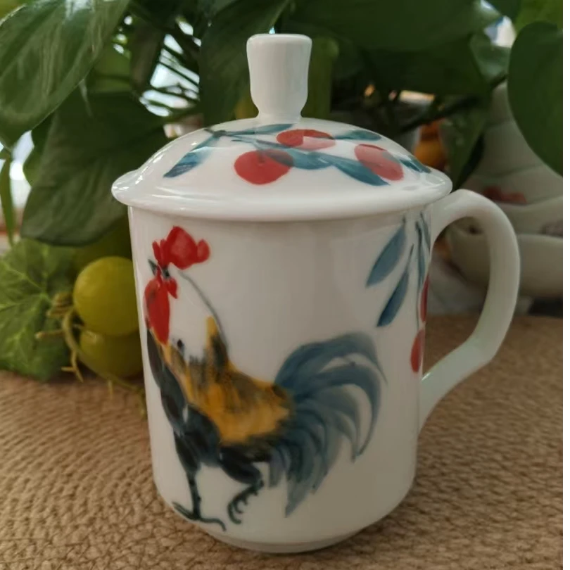 景德镇手绘釉中彩（食品级）公鸡小老板杯家用675茶杯白瓷带盖茶具