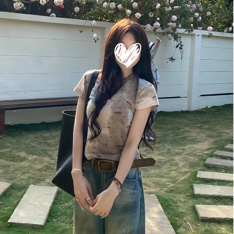 美式复古渐变晕染短袖T恤女夏季新款设计感小众宽松显瘦短款上衣