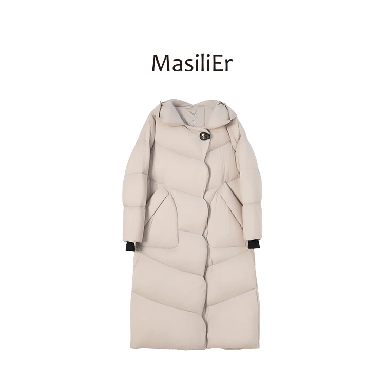 【MasiliEr】鹅绒长款极简风女款运动立领连帽保暖M8878