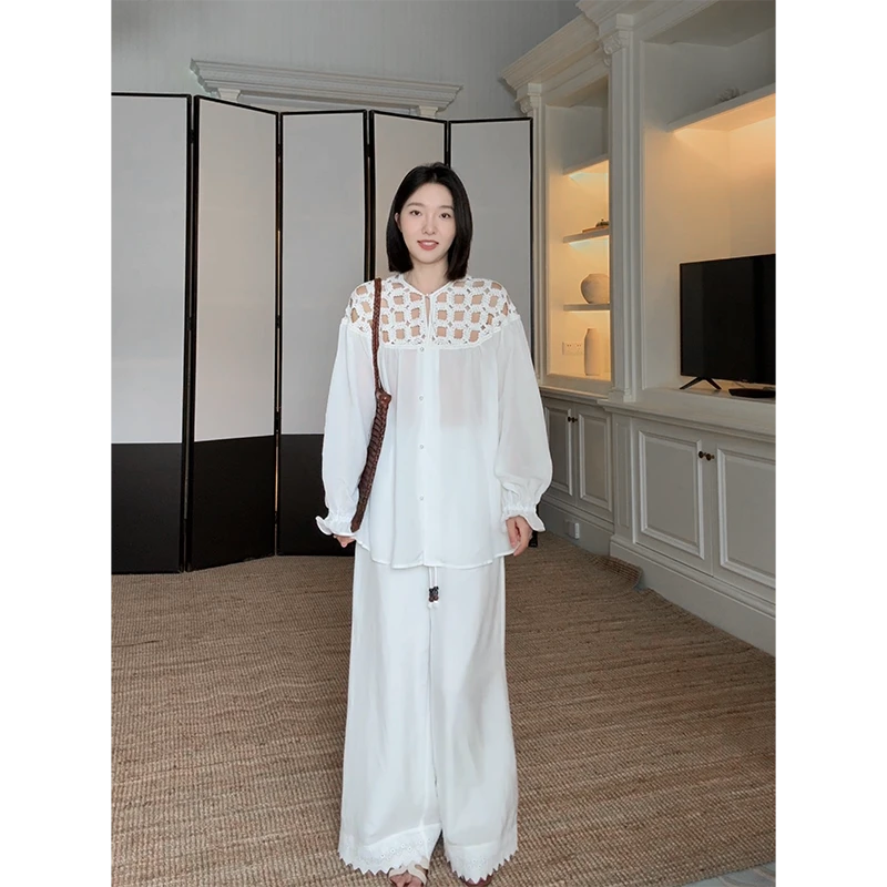 郭九九呢 亚麻天丝复古绣花领荷叶边衬衫蕾丝边阔腿裤 G925A07852
