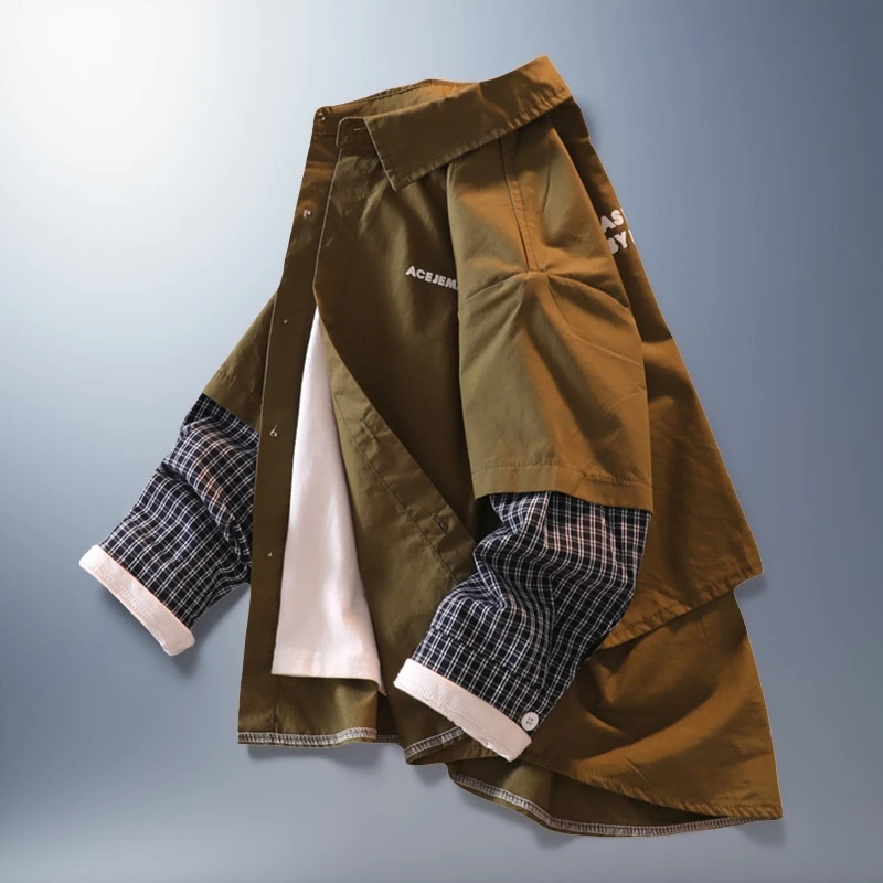 男童春秋新款假两件衬衫中大童痞帅学生男孩衬衣军绿外套儿童炸街