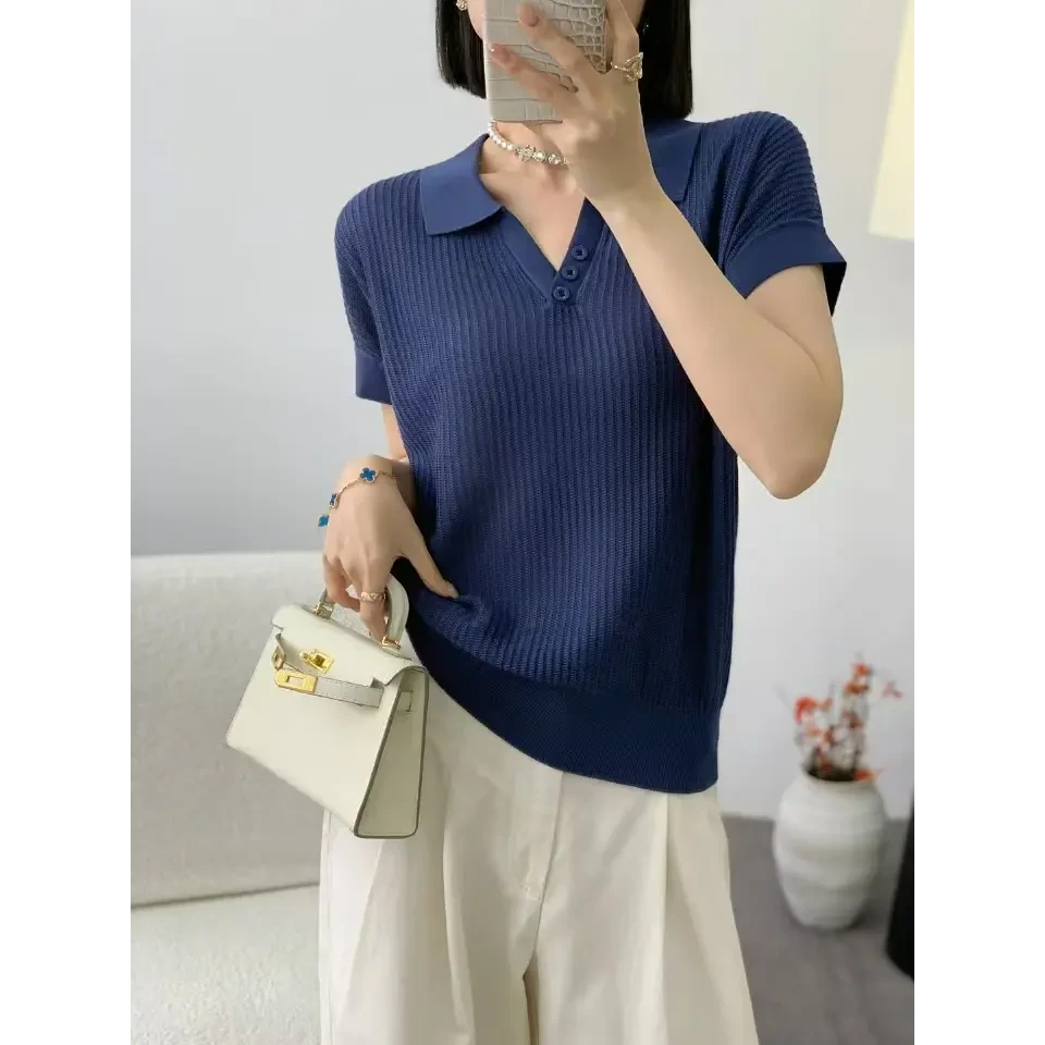 P·Y·J【云纹织羽】气质POLO领针织上衣短袖~小众知性风温柔小衫女装