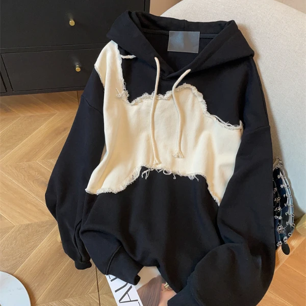 国潮美式痞帅贴布撞色拼接卫衣男女春秋季慵懒复古chic连帽衫外套