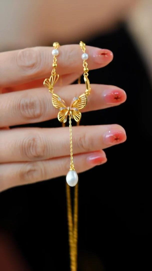 颈饰银S925镶嵌淡水珍珠珍珠蝴蝶套链HNZ10256