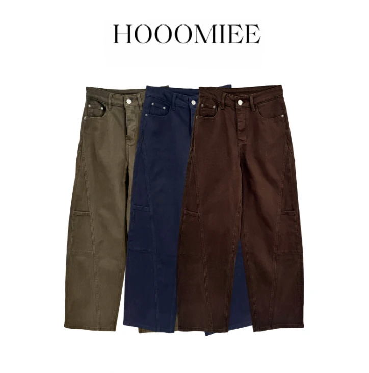 Hooomiee美式复古多口袋设计拼接女士牛仔裤B1175Y59081