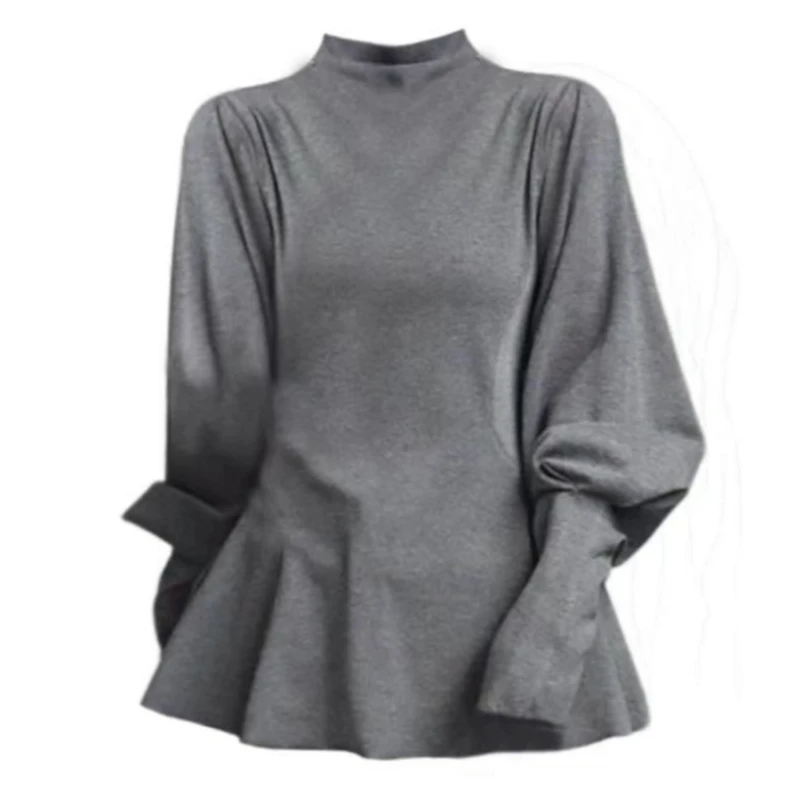 【嘉嘉家】加绒法式复古半高领女冬季修身内搭显瘦灯笼袖上衣8236