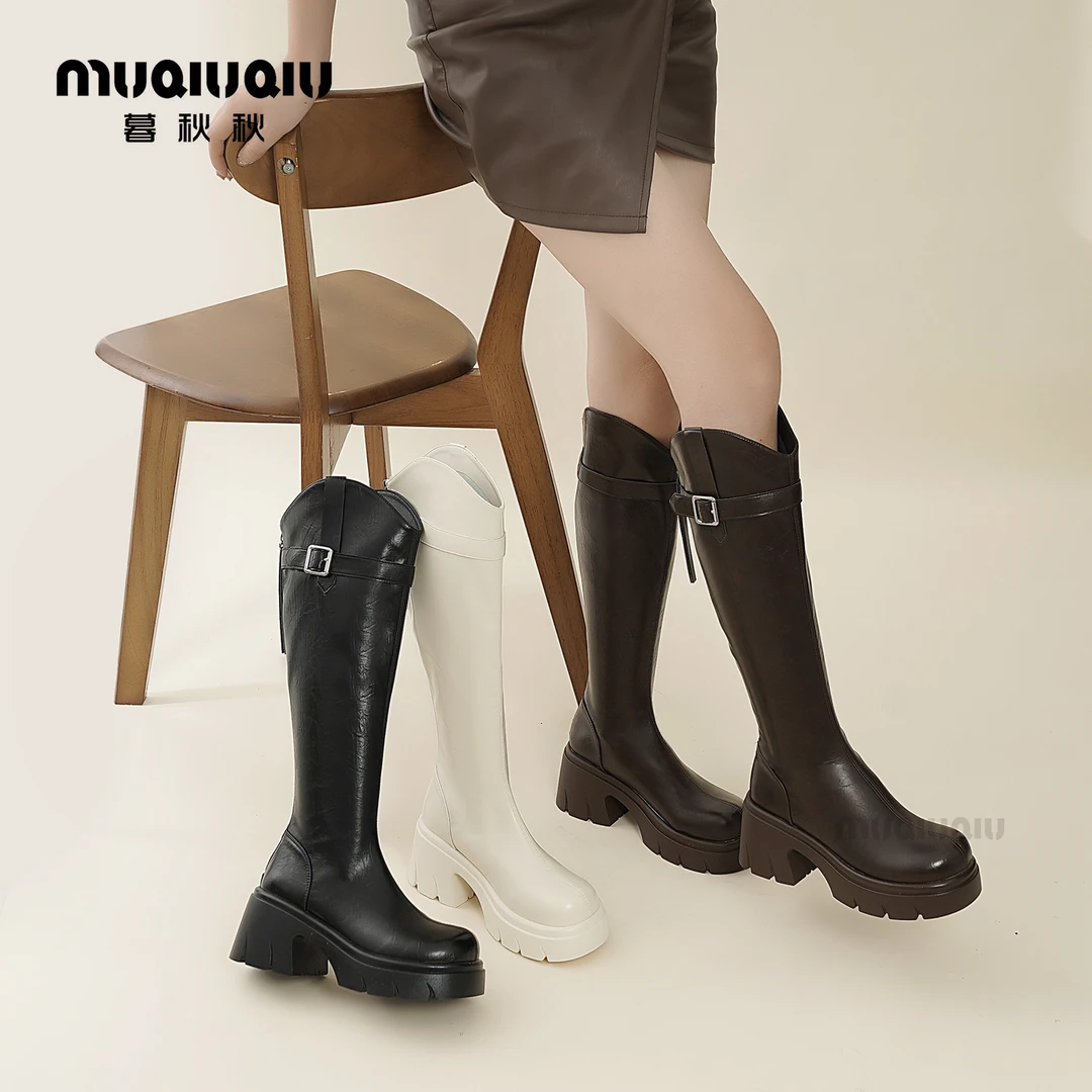 暮秋秋厚底长筒靴女2025新款秋冬英伦风小个子增高骑士靴高筒靴子